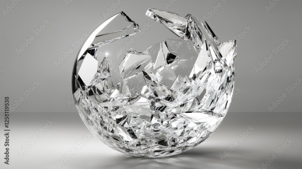 Poster shattered crystal sphere with sharp floating fragments, captured in mid-motion, offering an artistic