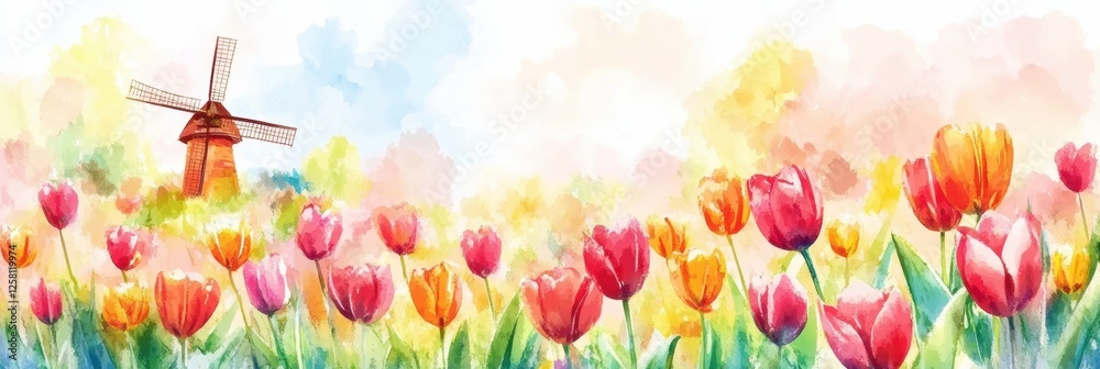Aufkleber colorful watercolor illustration of tulip fields and a windmill in vibrant spring colors with space 