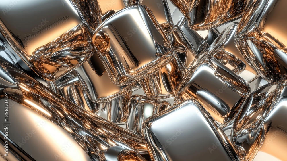 Poster Shiny metallic cubes and cylinders arranged in a complex, interlocking pattern, highlighting their reflective surfaces and dynamic contrasts in an abstract design.
