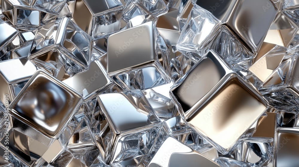 Poster Shiny metallic cubes and cylinders arranged in a complex, interlocking pattern, highlighting their reflective surfaces and dynamic contrasts in an abstract design.
