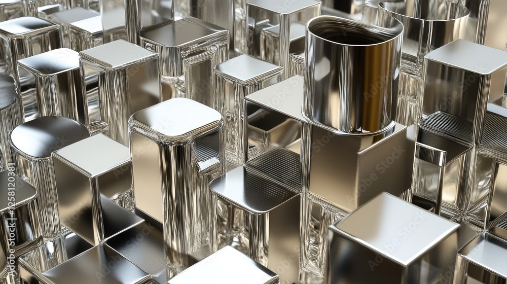 Poster Shiny metallic cubes and cylinders arranged in a detailed interlocking pattern, emphasizing their reflective surfaces and the play of light and shadow in a sophisticated display.