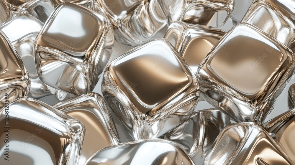 Poster Shiny metallic cubes and cylinders interlocked in a complex arrangement, reflecting light and creating a visual contrast of smooth surfaces and intricate geometric patterns.