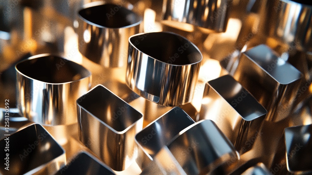 Poster Shiny metallic cubes and cylinders interlocked in a complex arrangement, reflecting light and creating a visual contrast of smooth surfaces and intricate geometric patterns.
