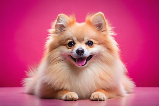 Fluffy Pomeranian Spitz Dog Lying on Pink Background - Funny Pet Photo