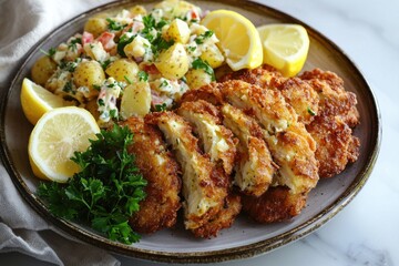 Fototapeta premium Overhead shot of a delicious plate of breaded chicken cutlets, potato salad, fresh parsley garnish, and lemon wedges, ready for serving and eating.