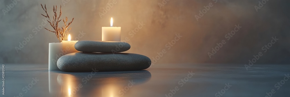 Poster relaxing spa setup featuring smooth massage stones and lit candles creating a tranquil atmosphere fo