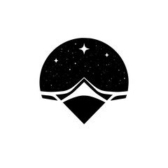 Celestial Nightscape: Abstract depiction of starry night sky over a mountain, stylized black and white, minimalist design.
