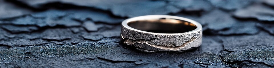 Unique titanium ring featuring lunar landscape engraving on dark textured backdrop