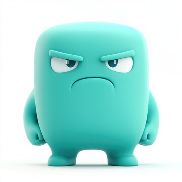 Cute angry monster, teal color, minimalist design, round shape, furrowed brow, grumpy expression, simplified cartoon style, 3D render, smooth texture, studio lighting, white background, toy-like chara