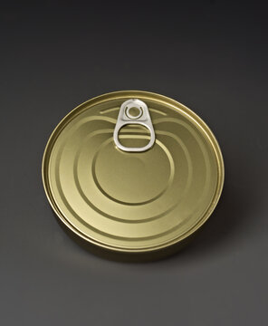 Top view of a sealed metallic food can on gray background