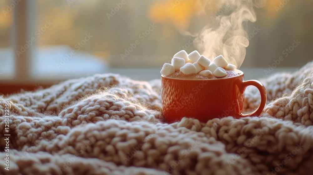 Poster Steaming hot cocoa with marshmallows sitting on a knitted blanket, creating a comforting and warm winter moment.