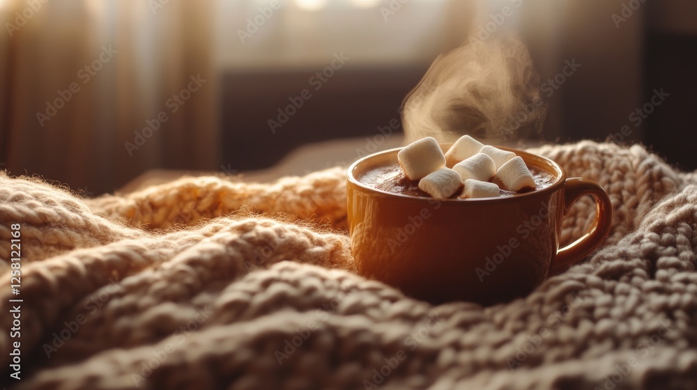 Poster Steaming hot cocoa with marshmallows sitting on a knitted blanket, creating a comforting and warm winter moment.