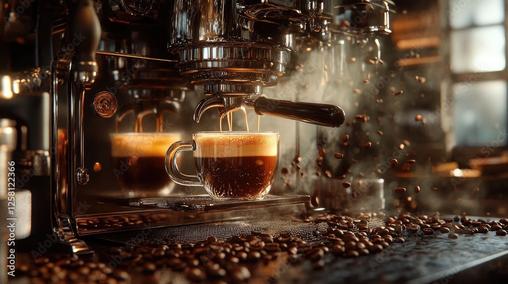 Poster the luxurious flow of espresso into a tilted glass, capturing the steam and crema developing, with c