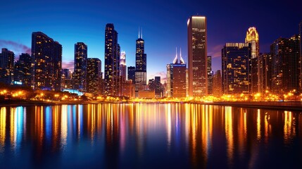 Obraz premium Vibrant Night Skyline Reflection of City Lights on Calm Water