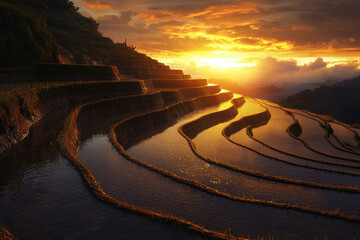 Fototapeta premium Stunning golden hour view of rice terraces at sunset, reflecting the vibrant sky and creating a tranquil and picturesque landscape.