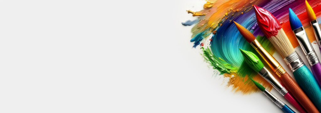 Extreme close-up of a group of paint brushes with tempera painting on a white sheet of paper with copy space. Blank wide banner. Generative Ai.