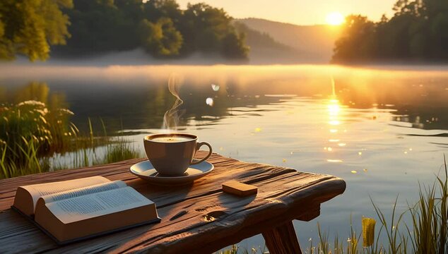 Morning Coffee and a Book by the Lake at Sunrise. Seamless looping time lapse animation video background  
