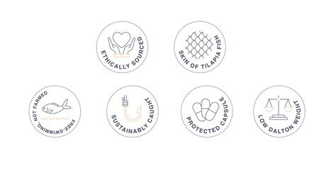 Sustainable Fish-Based Product Badges - Ethical Sourcing and Quality Assurance Icons. Editable Stroke.