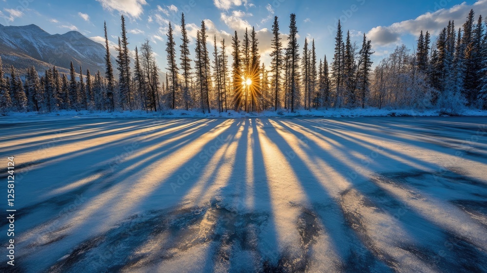 Poster twilight scene with long shadows of trees stretching across a snowy landscape at the edge of a froze