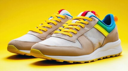Colorful sneakers on yellow background, lifestyle shoot