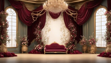 Obraz premium 1. **Theater background with red stage, curtain, bright lights, and falling gold confetti.**