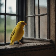 A canary sitting in an open window ledge, looking outside.