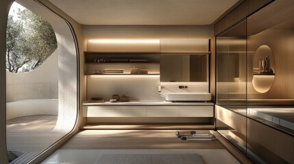 Flexible home gym with foldable equipment, mirrors, and an adjustable shelf system to switch between workout and leisure spaces