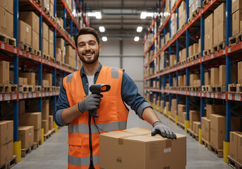 Smiling Warehouse Worker Handling Packages in a Modern Facility Efficiently Scanning Goods for Inventory Management