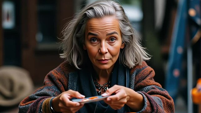 An old woman playing tarot cards at a table