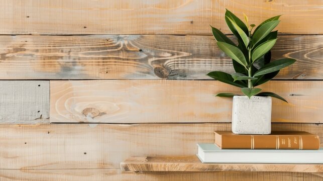 Vintage leather books and plant on rustic wooden shelf. Home decor or library design concepts.