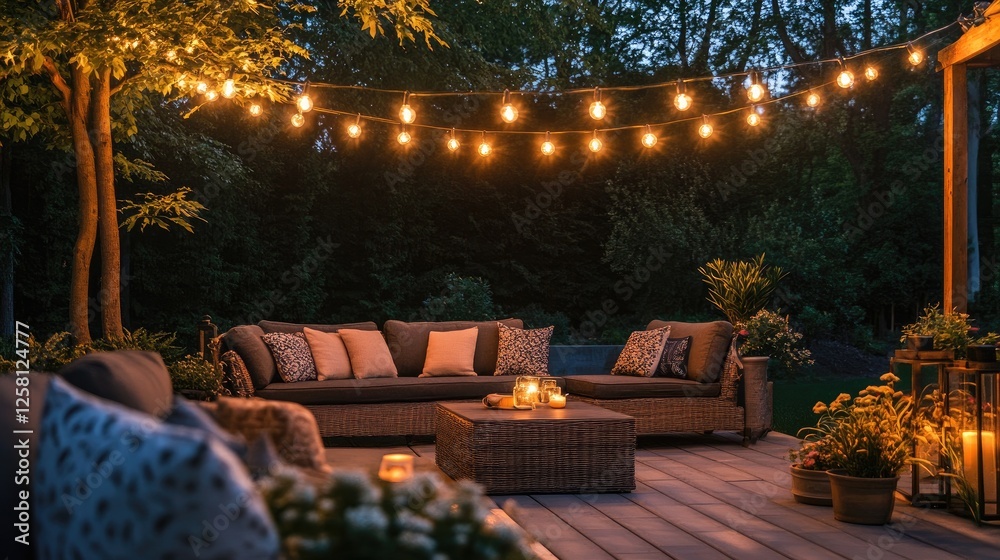 Poster warm golden string lights hanging in a cozy outdoor setting, creating an inviting and festive atmosp