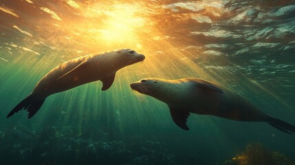 Obraz premium Wild sea lion family swimming in ocean waters, illuminated by the warm glow of the setting sun, evoking a tranquil, natural atmosphere.