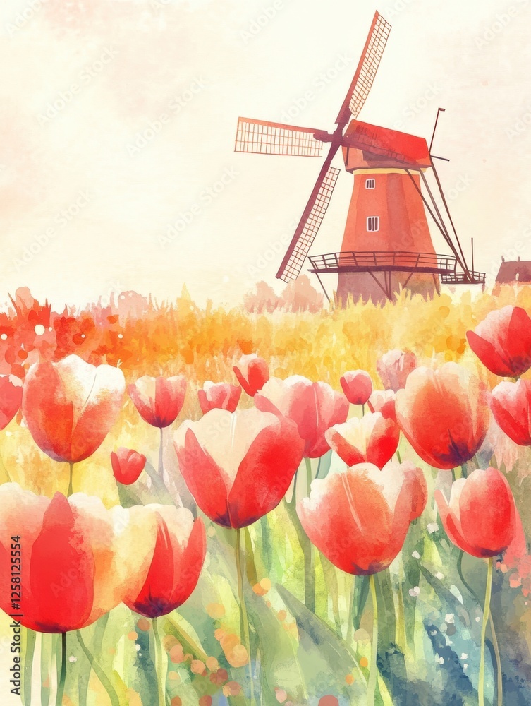 Aufkleber Vibrant tulip fields with a windmill in spring showcasing colorful watercolor illustration and spacious text area. Generative AI