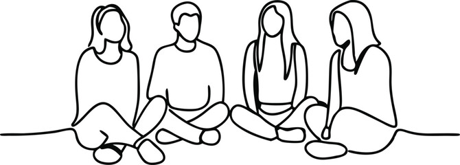 Four Friends Sitting Together, Casual Line Art Drawing