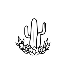 Desert botanical composition featuring a central upright cactus, with succulent arrangements, and stylized linework against white.