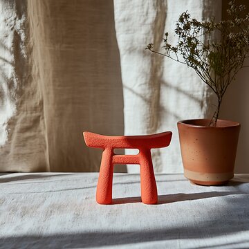 &bull; A unique porcelain pen holder shaped like a small torii gate stands upright on a spotless white background. High-contrast lighting illuminates its bright red hue and concise structural lines 