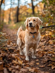 A golden retriever on a leash enjoys an autumn walk with its owner through a path lined with fall foliage.