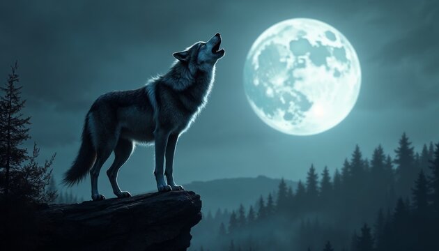 Lone wolf howls at the luminous moon on mountain peak scenery