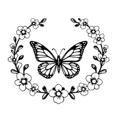 Fototapeta premium Black and white linear illustration of a butterfly with a flower wreath border.