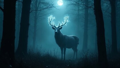 Majestic Stag Amidst Moonlit Forest with Luminous Antlers