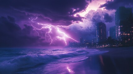 A cinematic 4K photograph of a purple lightning storm raging over a coastal city, with ocean waves crashing under the electric sky.