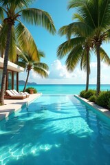 Fototapeta premium Clear blue pool with floating mattress, shaded by swaying palm trees , swimming, serene