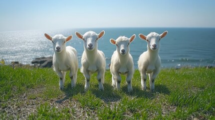 Four lambs, coastal cliff, ocean view, spring