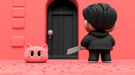 Cruel cat, A mysterious figure with a knife in a dramatic pose, captured in high fidelity, perfect for suspenseful imagery.