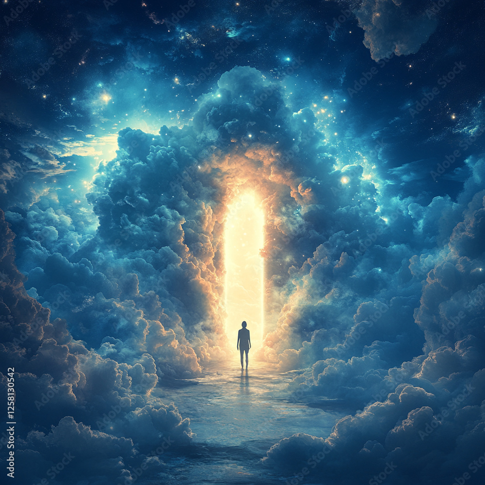 Wall mural exploring the surreal landscape of a luminous doorway in a cosmic cloud environment with a figure in