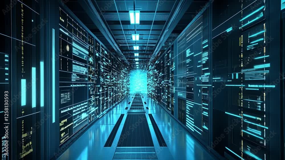 Poster data streams are flowing through server racks with futuristic digital light trails visualizing the c