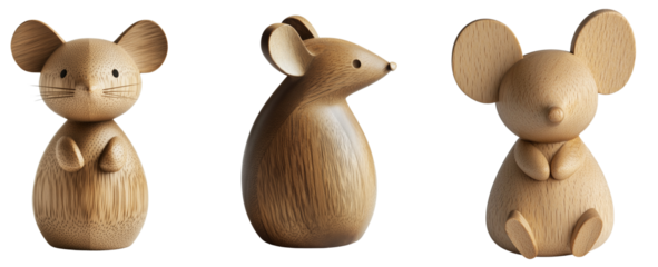 Cute Wooden Mouse Toys for Children and Decorative Purposes, isolated on transparent background.