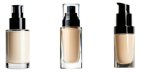 Set of Elegant Makeup Foundation Bottles, isolated on transparent background.