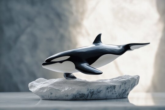 A sleek orca figurine leaps gracefully from a sculpted ice floe, a captivating display of artistry. - Powered by Adobe