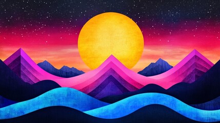 Surreal Geometric Sunset Landscape - A vibrant, stylized landscape featuring geometric mountains, a large sun, and a starry night sky. Symbolizing dreams, imagination, cosmic energy, inner peace